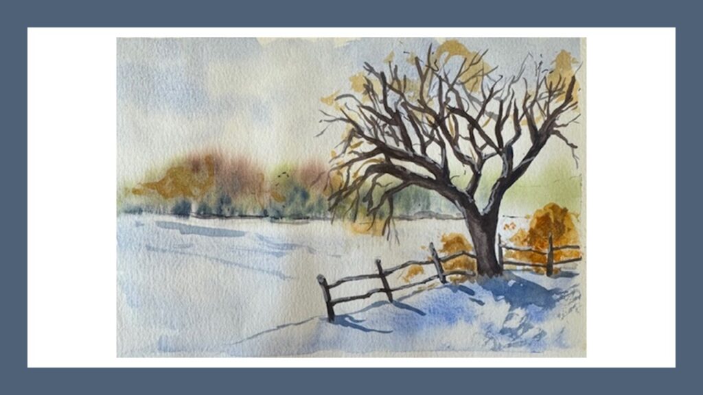 A painting of a snowy scene