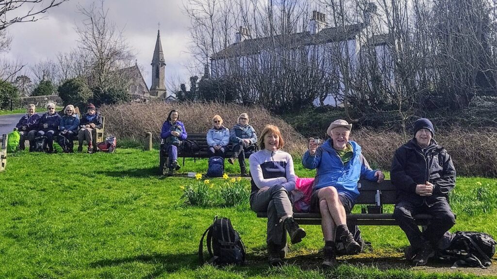 Relaxing on benches in the spring by the daffodils