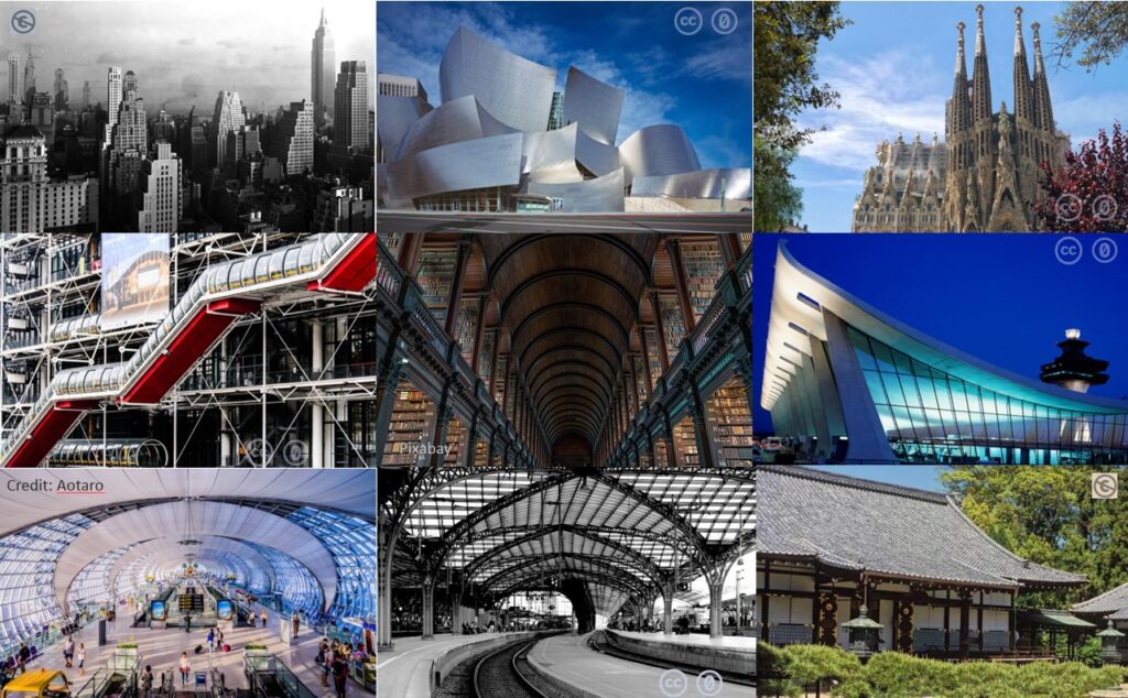 A collage of various architectural styles including the Pompidou Centre and New York skyscrapers.