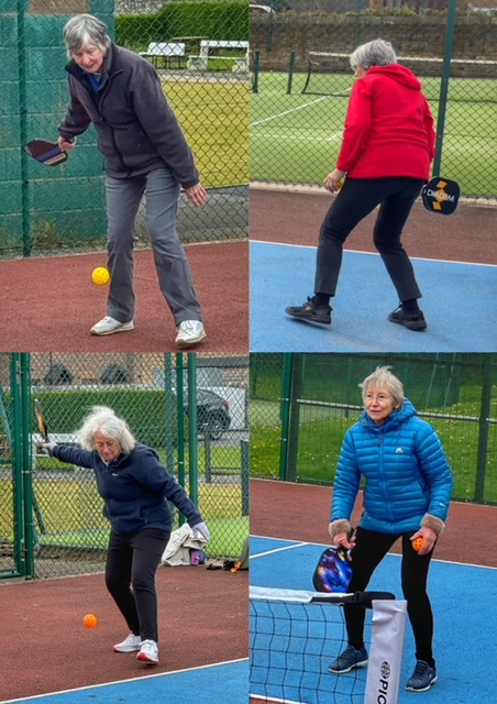 A collage of 4 ladies playing Pickleball even though it is cold as they all have their coats on!