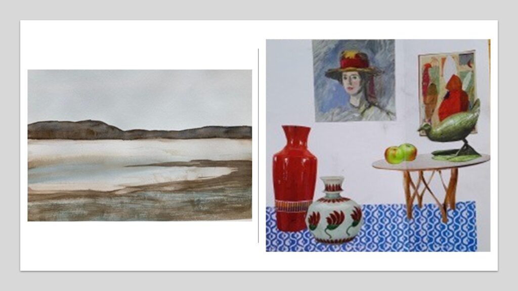 Across the bay and still life of vases, pictures and a table